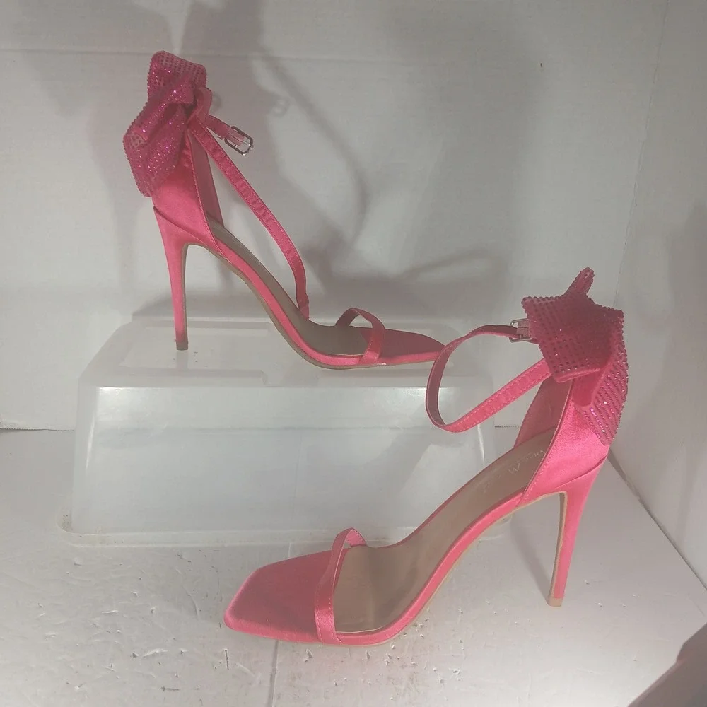 Anne Michelle Stiletto Sandals 8.5 Pink Rhinestone Bow Square Toe Barbiecore